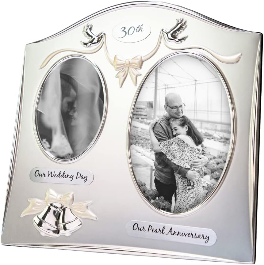 Traditional Two Tone Silver Plated 30Th Pearl Anniversary Double Picture Frame by Happy Homewares