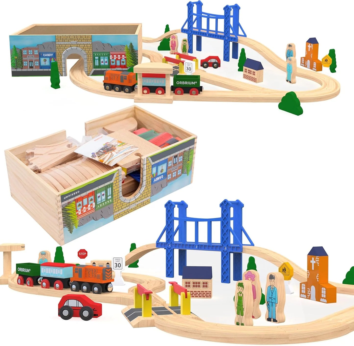 Deluxe 52-Piece Wooden Train Set with Storage Box & Tunnel